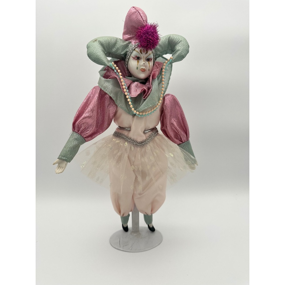 Vintage‎ Porcelain Jester Doll Pink Mint Green Harlequin Pierrot with Stand 15in